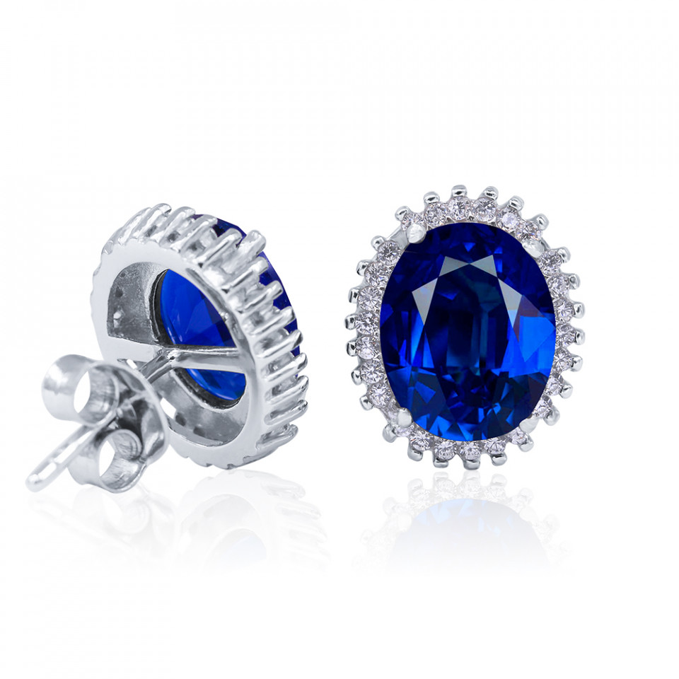  Princess Diana William Kate Engagement Oval Held Blue Sapphire White CZ Hola Cluster Earrings